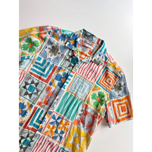 ZARA Multi Color Tile Printed 100% Cotton Short Sleeve Hawaiian Shirt, Size M - Picture 6 of 12